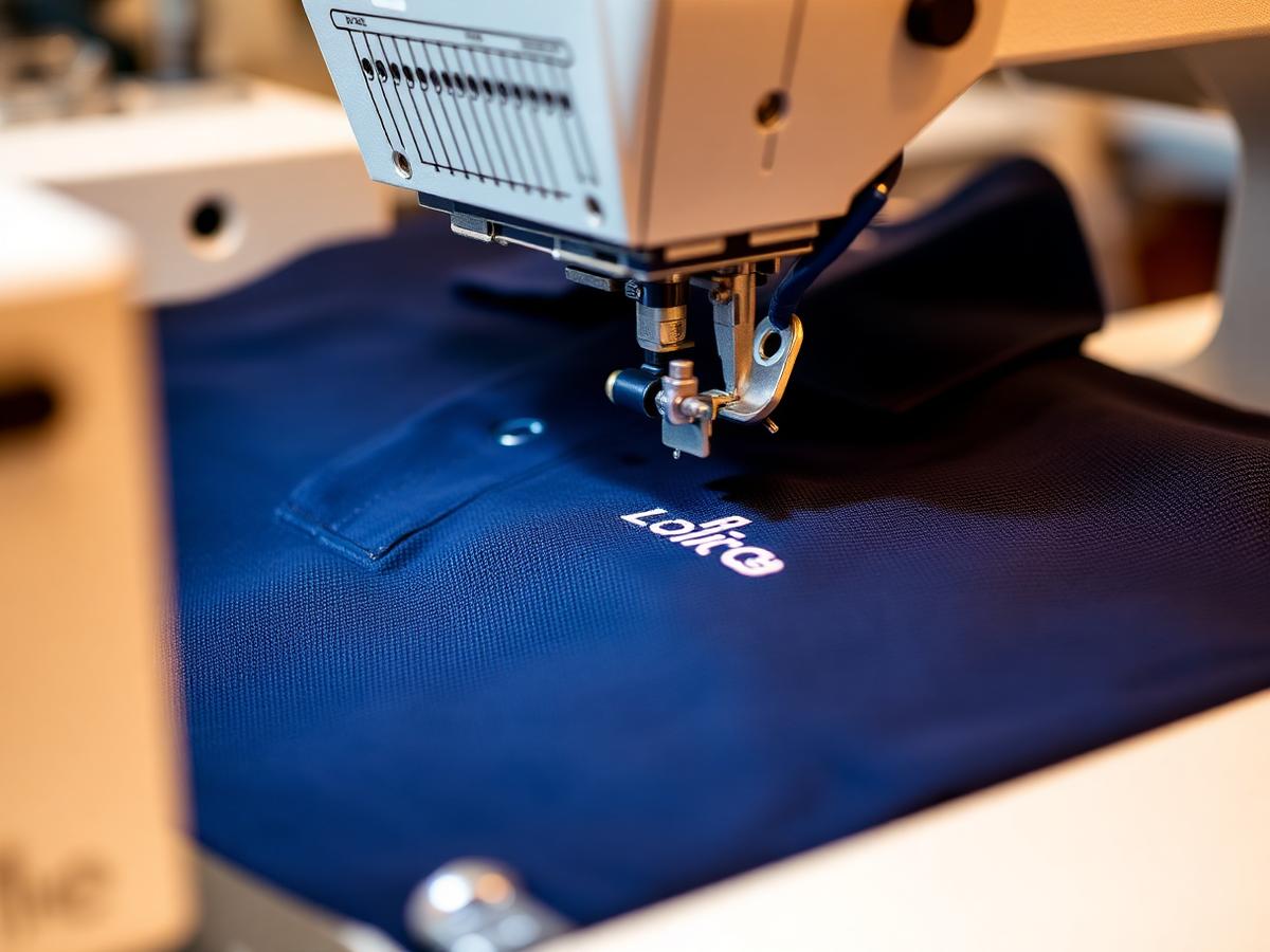 Logo being embroidered onto a navy corporate polo shirt