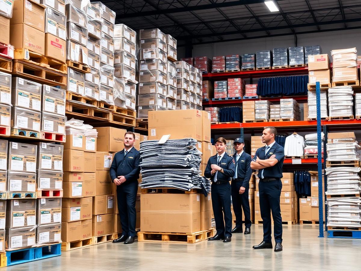 Corporate supply warehouse with packed uniform cartons and staff in uniform
